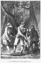 モリエール（1622-1673）として知られるジャンバプティストポケランの「ドクターインスピッツオブヒイムセルフ」（1666）のイラストをジャンバプティストシモネ（1742-1813）が彫刻